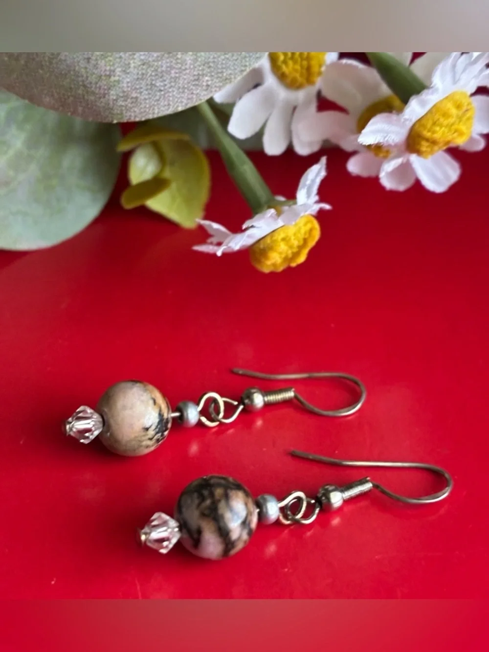925 Silver Earrings,Black and Cream Marble Bead Drop Earrings with Silver. - Picture 6 of 7